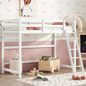 White Twin Size Wood Loft Bed with Sloping Ladder, Spacious Under-bed Area, Full-Length Guardrails