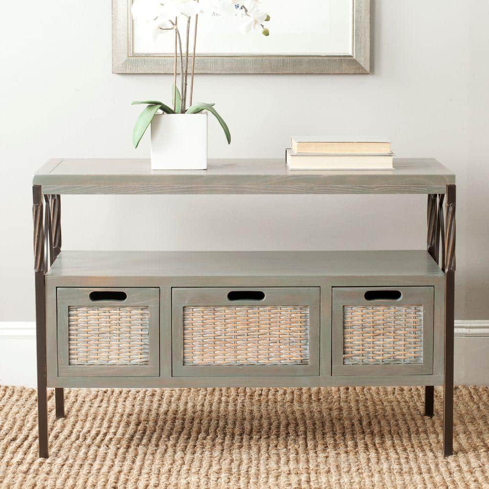 Transitional Gray 3-Drawer Console Table with Wicker Accents