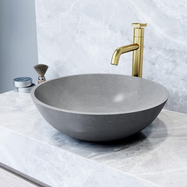 VIGO Ruxton Gray Concreto Stone Round Bathroom Sink with Vessel Faucet in Gold and Pop-Up Drain in Matte Gold