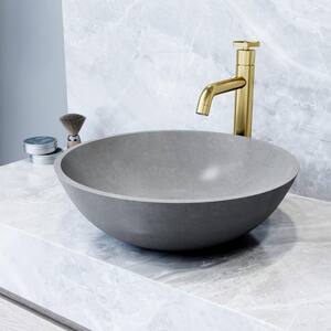 Concreto Stone Round Bathroom Sink With Vessel Faucet in Matte Gold