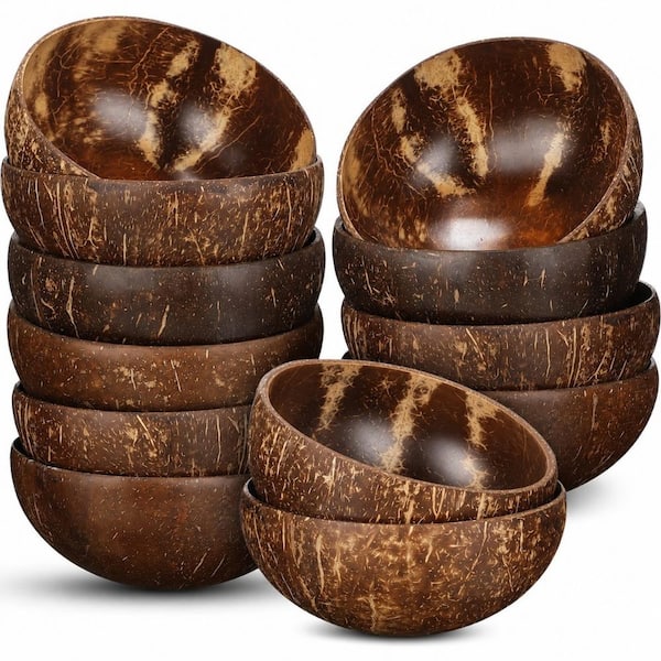 Natural Coconut Shell 13.5 fl. oz. Polished Brown Wooden Salad Dessert Pasta and Soup Bowls Set of 12