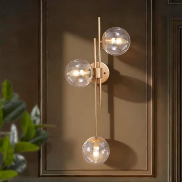 LNC 30 in. 3-Light Painted Gold Modern Bathroom Vanity Light Decorative Linear Foyer Wall Sconce with Clear Glass Globes