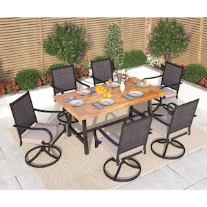 Black 7-Piece Metal Patio Acacia Wood Outdoor Dining Set with Rectangular Table and Rattan Chair with Beige Cushion