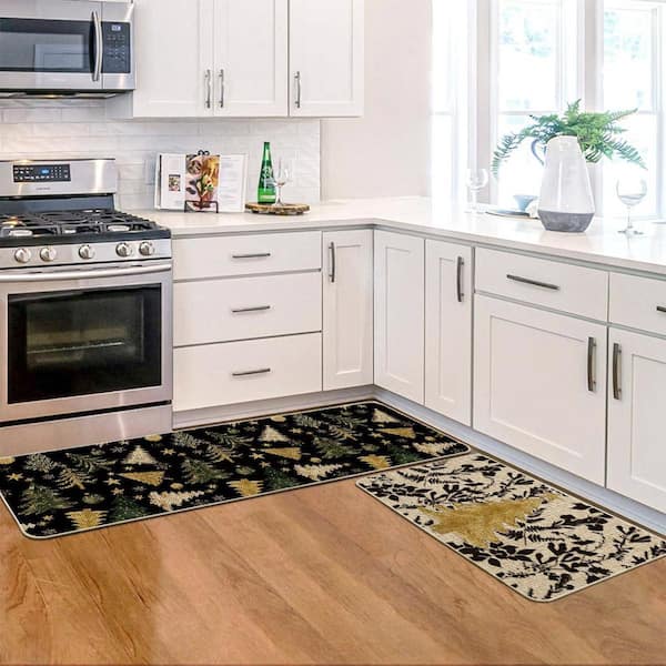 2 Pieces Low-Profile Kitchen Rugs Indoor Christmas Home Decor Kitchen Mat Set, 17 in. x 29 in. + 17 in. x 47 in. Beige