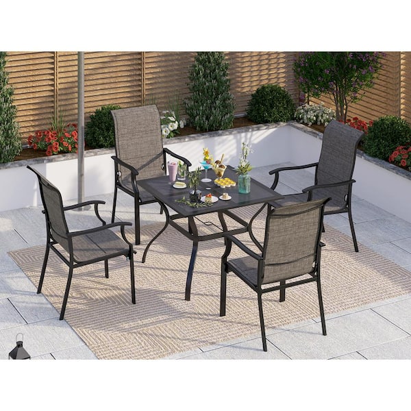 PHI VILLA Black 5-Piece Metal Square Table Patio Outdoor Dining Set with Padded Textilene Chairs