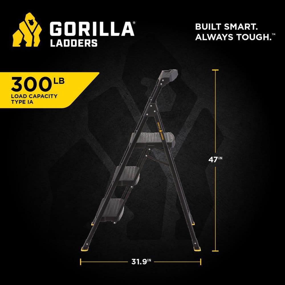 3-Step Black Steel Step Stool with Non-Slip Treads