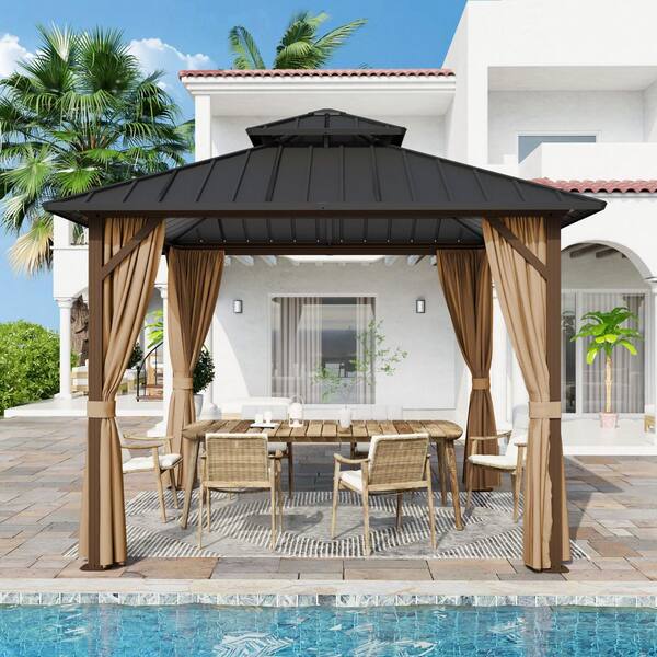 10 ft. x 10 ft. Outdoor Patio Aluminum Frame Gazebo with Double Hardtop Steel Roof, Mosquito Net and Curtains