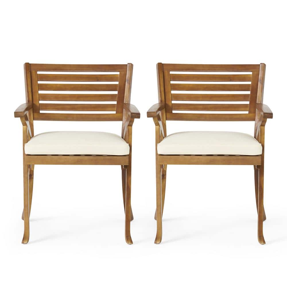 Wood Outdoor Dining Chair Set of 2 with Beige Cushions, Elegant Design, Wea