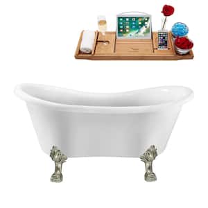 62 in. Acrylic Clawfoot Non-Whirlpool Bathtub in Glossy White With Brushed Nickel Clawfeet And Glossy White Drain