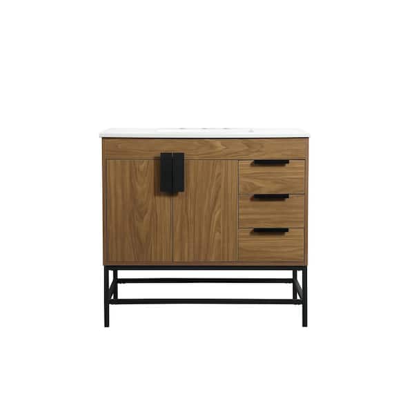 Unbranded Timeless Home 36 in. W x 22 in. D x 33.5 in. H Bath Vanity in Walnut Brown with Ivory White Engineered Stone Top