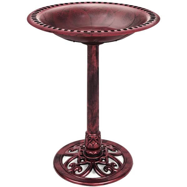 Unbranded 28 in. Tall Outdoor Turquoise Resin Antique Pedestal Birdbath, Vintage Outdoor Accent Decoration with Iris-Cherry Red