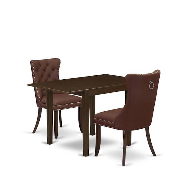 East West Furniture 3-Piece Mahogany Finish Rectangular Solid Wood Top with Dropleaf Dining Table Set