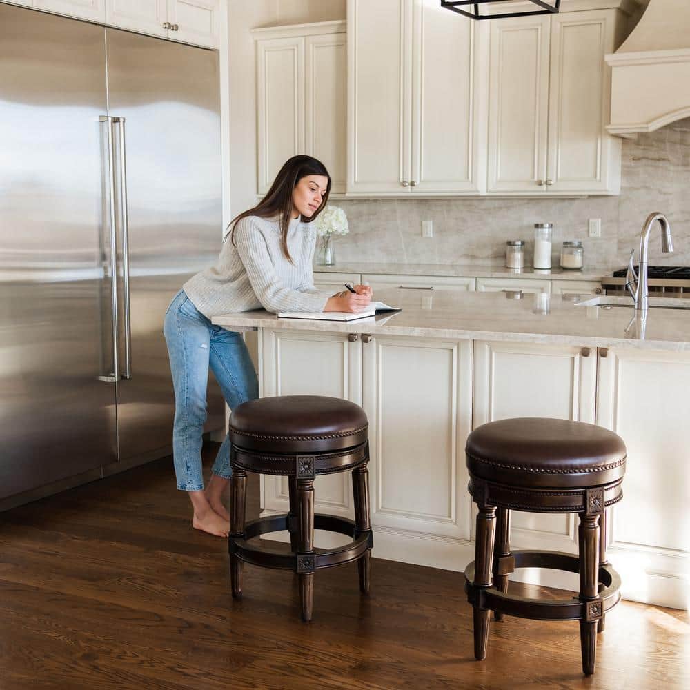 Dark Walnut Backless Swivel Counter Stool with Leather Seat