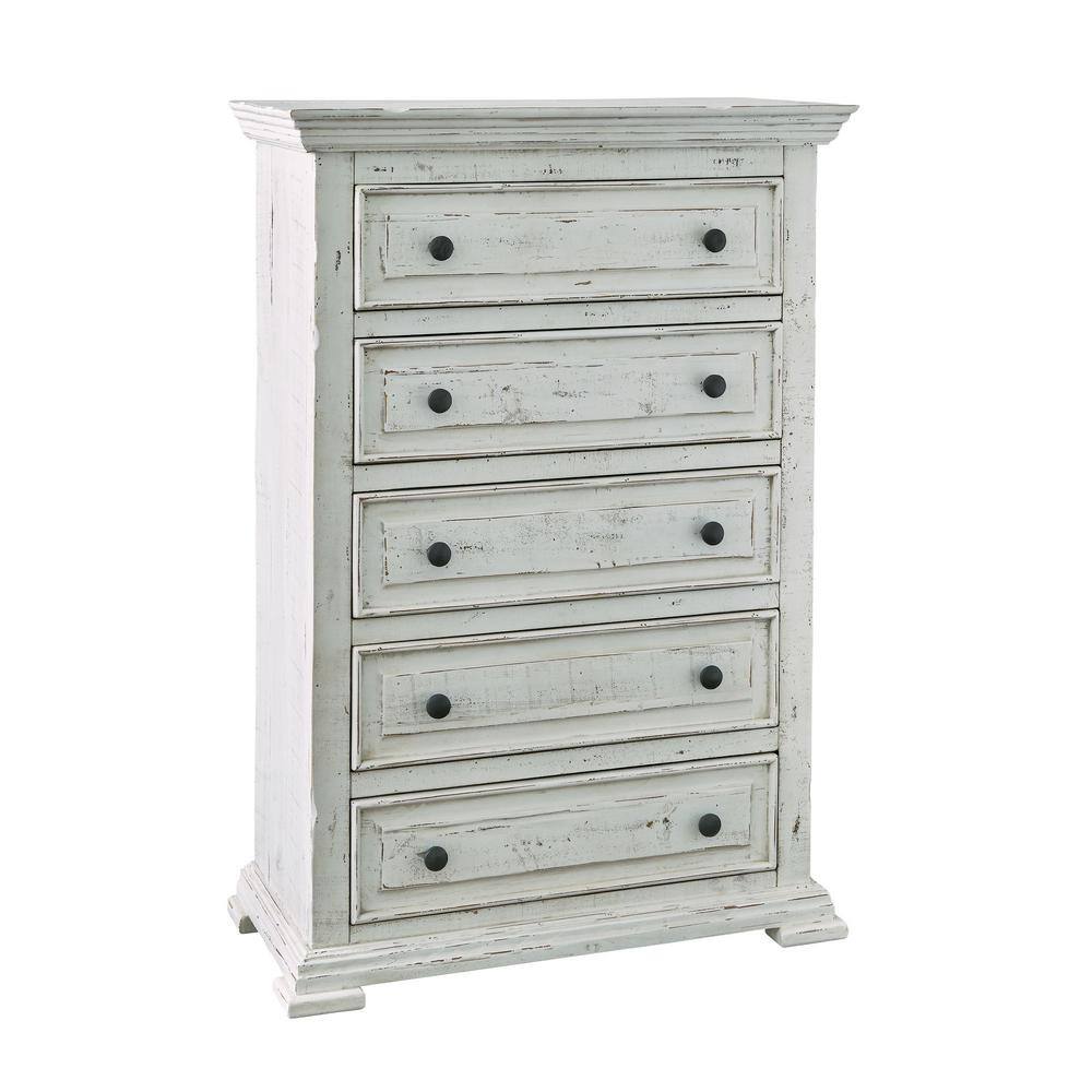 Ruma White 5-Drawer Rustic Pine Wood Chest