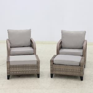 4 Pieces Brown Wicker Outdoor Patio Conversation Set Lounge Chair Set with Gray Cushions and Ottomans