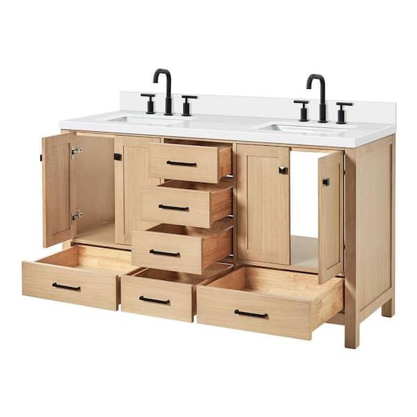 Cambridge 60 in. Double Sink Freestanding Bathroom Vanity in Oak with Pure White Quartz Top