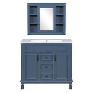35.9 in. W x 18.1 in. D x 62.7 in. H Single Sink Freestanding Bath Vanity in Blue with White Resin Top and Mirror