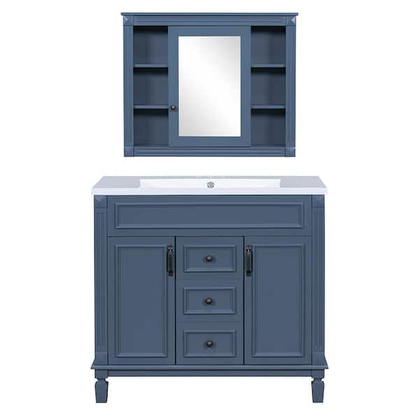 EPOWP 35.9 in. W x 18.1 in. D x 62.7 in. H Single Sink Freestanding Bath Vanity in Blue with White Resin Top and Mirror