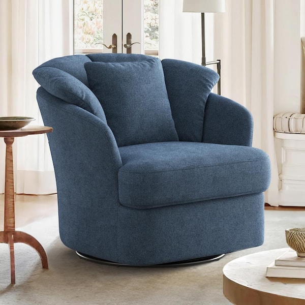 Rowena Oversized Blue Fabric Upholstered Swivel Accent Chair with Double Cushion Modern Swivel Barrel Chair