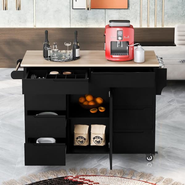 FUNKOL Black MDF cutlery storage Kitchen Cart with 8 drawers and 5 rollers, adjustable shelves, rubber wood countertop