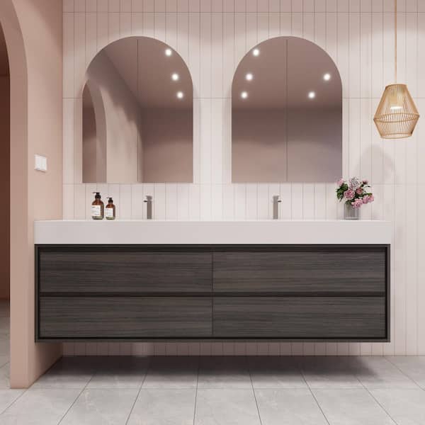 BV Better Vanity Saggie 84 in. W. x 20 in. D x 28 in. H Double Sink Floating Bath Vanity in Dark Gray Oak with White Acrylic Top
