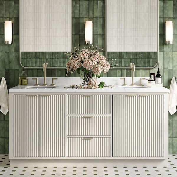 Milan 72 in. W x 21.5 in. D x 36 in. H Double Sink Freestanding Bath Vanity in Warm White with Carrara White Quartz Top