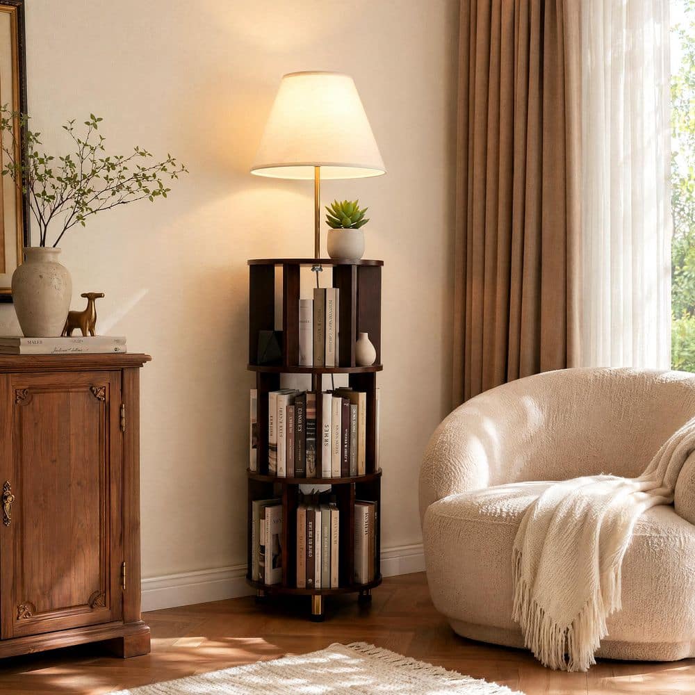 Farmhouse 62.2 in. Dark Brown Standard Floor Lamp with 3-Tier Rotating Bookshelf, Foot Switch for Living Room, Bedroom price history on PriceWatchPro