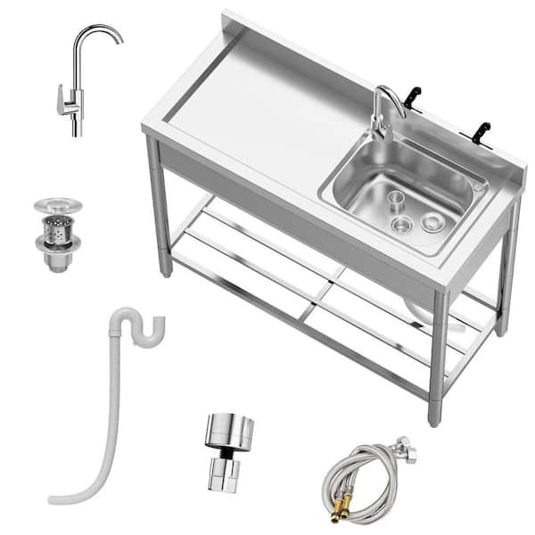 Utility Sink 47.2 in. D x 19.7 in. W Freestanding Laundry/Utility Sink Silver with Storage Rack, Hot & Cold Water Pipes