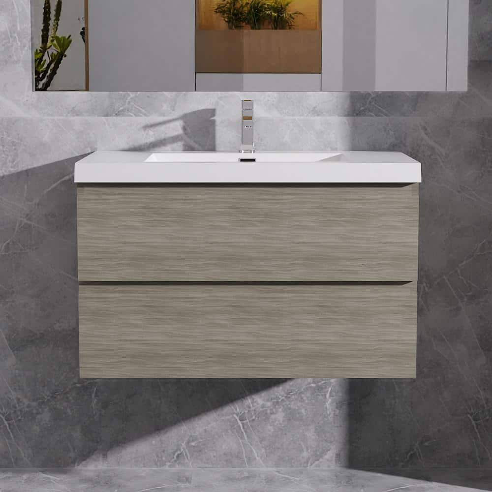 Alice 36 in. W x 20 in. D x 22 in. H Single Floating Bathroom Vanity in Ash Grey with Solid Surface Sink Top in White price history on PriceWatchPro