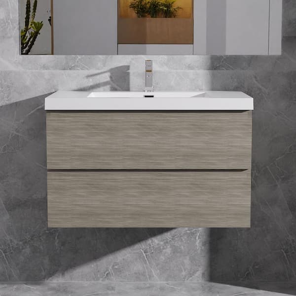 Alice 36 in. W x 20 in. D x 22 in. H Single Floating Bathroom Vanity in Ash Grey with Solid Surface Sink Top in White
