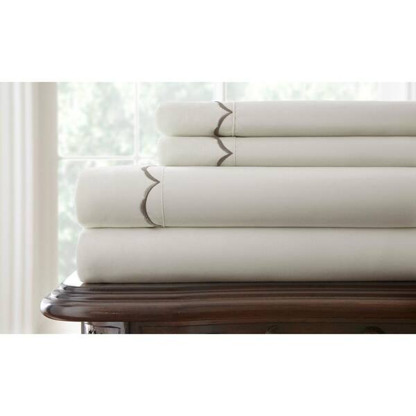Pacific Coast Textiles Easy Care Scallop Embroidered Soft Gray Hem Queen Sheet Set (4-Piece)