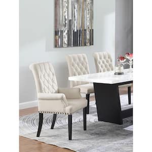 Alana Sand Velvet Upholstered Tufted Dining Arm Chair with Nailhead Trim