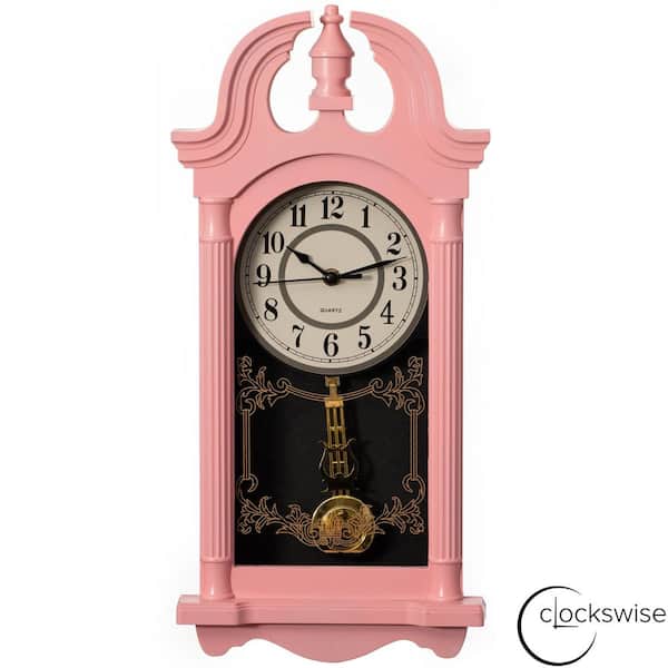 Quickway Imports Clockswise 20 in. Vintage-Inspired Plastic Grandfather Wall Clock with Realistic Wood-Grain Finish-Pink
