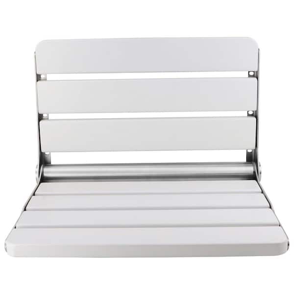 16 in. Folding Wood Shower Bench in White for Small Shower Spaces, Wall Mounted, 400 lbs. Max Load for Inside Shower