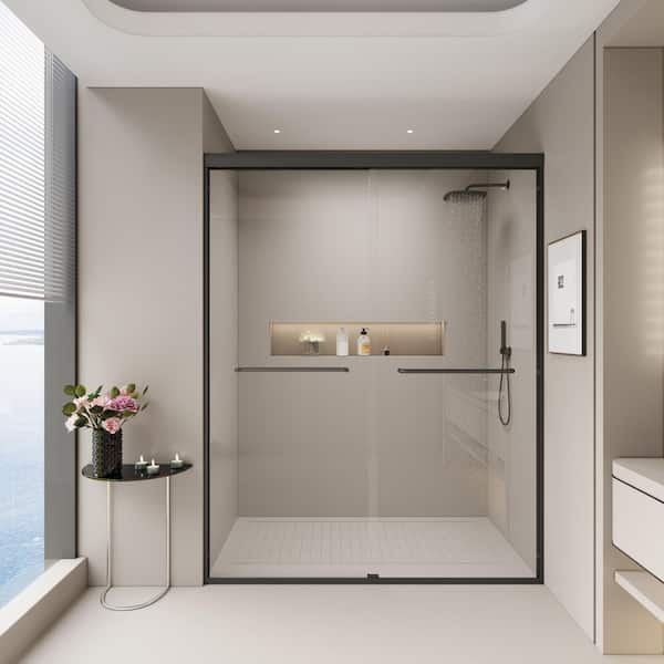44 in. to 48 in. W x 72 in. H Double Sliding Semi-Frameless Shower Door in Matte Black Finish with Tempered Clear Glass