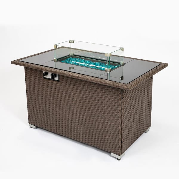 Kadehome 44 in. Outdoor Wicker Surface and 8 mm Tempered Glass Tabletop Rectangle Propane Fire Pit Table in Brown