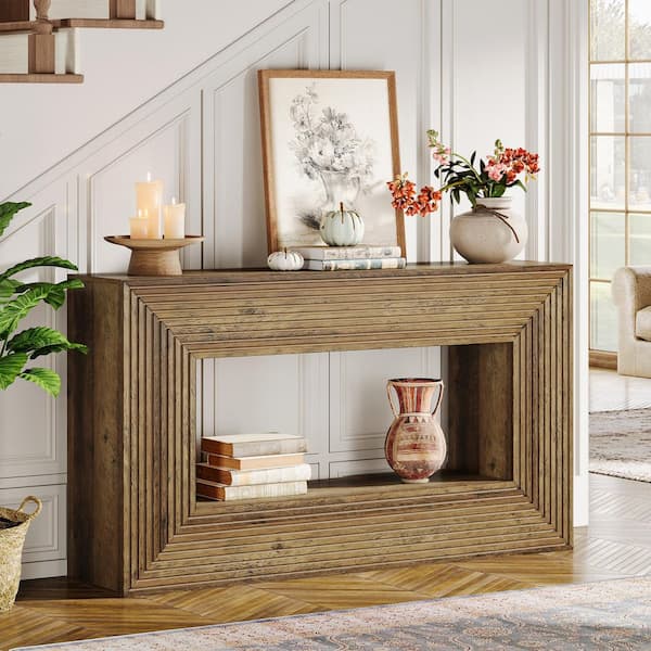 BYBLIGHT Turrella 59 in. Rectangle Wood Brown Console Table, 2-Tier Farmhouse Sofa Table Behind Couch Table with Storage