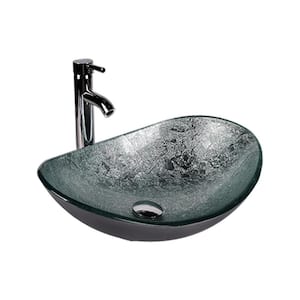 Artistic Tempered Glass Oval Vessel Sink with Chrome Faucet Pop-up Drain Combo in Silver