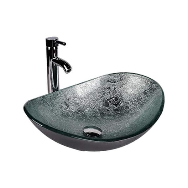 cadeninc Artistic Tempered Glass Oval Vessel Sink with Chrome Faucet Pop-up Drain Combo in Silver