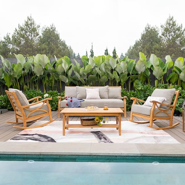 Cambridge Casual Abbington 4-Piece Teak Wood Patio Conversation Set with Beige Cushion