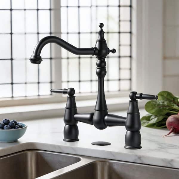 WOWOW Double-Handle Bridge Kitchen Faucet Deck-Mount, 2 Hole Brass