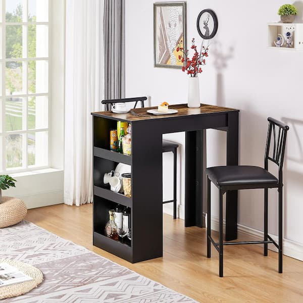 VECELO Small Bar Table and Chairs, Dining Set for 2, Storage