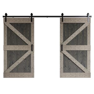 84 in. x 84 in. Embossing K Series Dark Gray/Light Gray Knotty Wood Double Sliding Barn Door with Hardware Kit