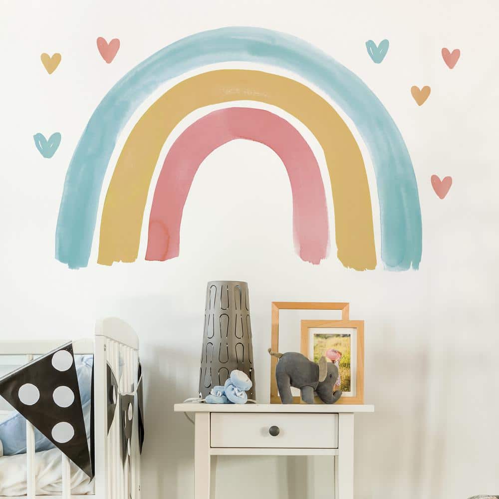 Multicolor Watercolor Rainbow and Hearts Wall Decal Kit