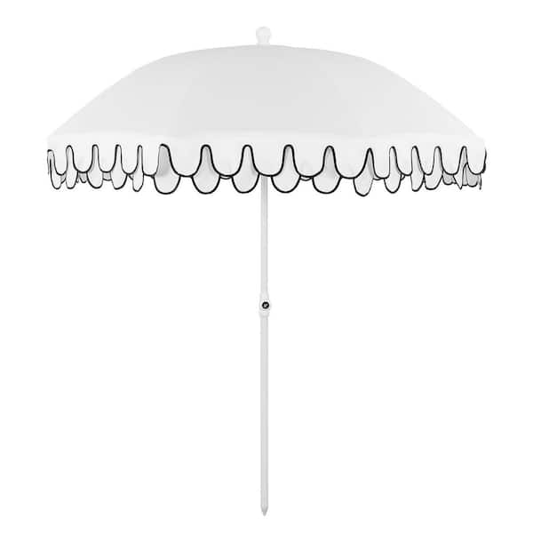 Horizon 6.5 ft. Classic MidCentury Scalloped Fringe Market Beach Umbrella in White/Black, White Pole