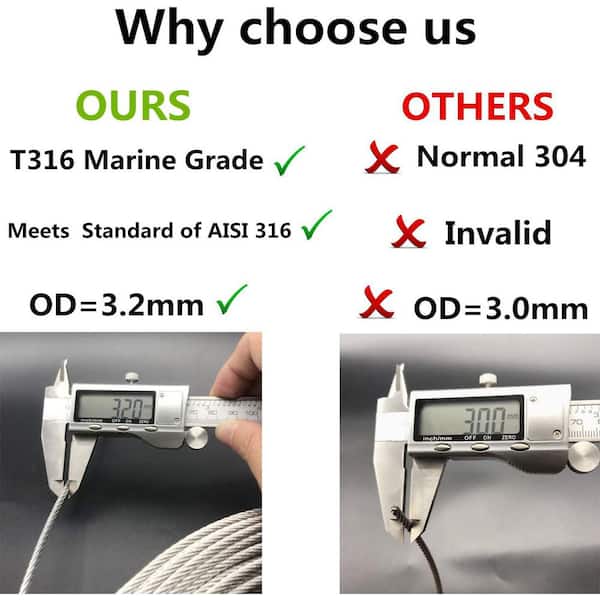 1/8 Inch Stainless Steel Cable 300FT With Cutter - T316 Marine Grade 7x7 Strand For Deck Railing