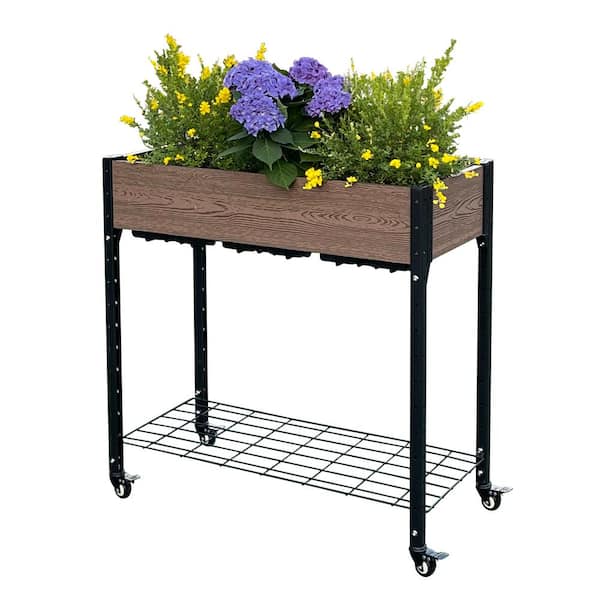 EverBloom 36 in. L x 18 in. W x 36 in. H Brown and Black Composite Rolling Garden Planter with Under Shelf Storage