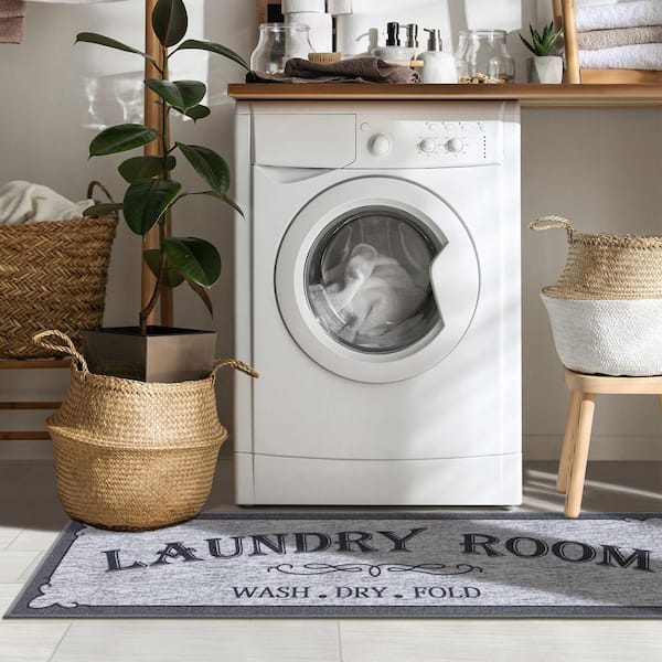 Laundry Collection Non-Slip Rubberback Laundry Text 2x5 Laundry Room Runner Rug, 20 in. x 59 in., Light Gray