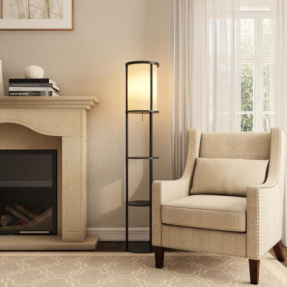 Black Wood Floor Lamp with Circular Storage Shelves