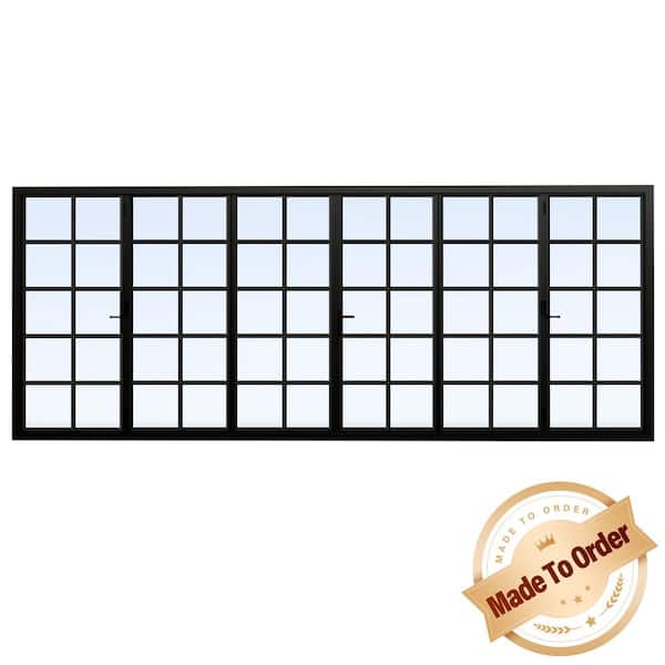 192 in. x 96 in. Bi-Parting Double Tempered Glass Black Aluminum Folding Patio Door